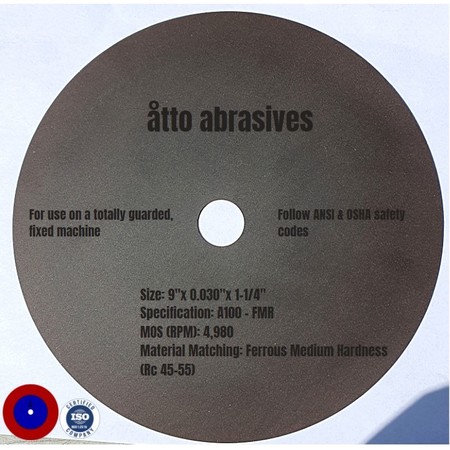 ATTO ABRASIVES Ultra-Thin Sectioning Wheels 9"x0.030"x1-1/4" Ferrous Medium Hard 3W225-075-SM
